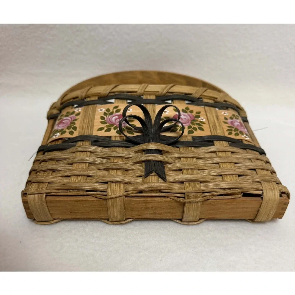 Vintage Hand-Painted Woven Wicker Splint Hanging Basket Floral Cottage Farmhouse